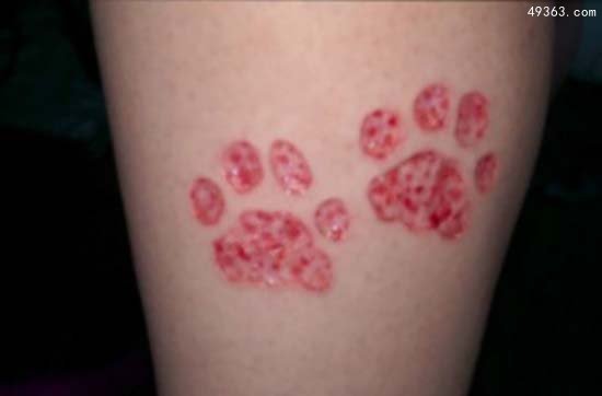 看了头皮发麻的“割肉纹身”她在小腿挖出2个猫掌图案 第3张图片